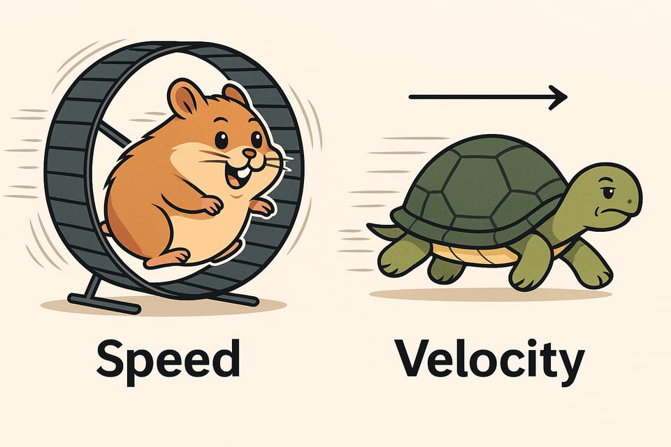 hamster running on wheel labeled “speed”, turtle with arrow labeled “velocity”